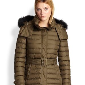 Burberry Brit Cornsdale Belted Puffer Coat with Fox Fur Trim Hood Size XL
